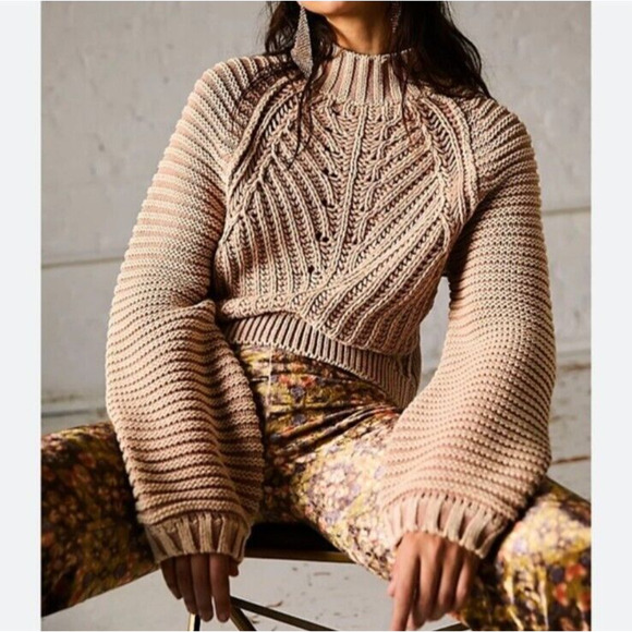 Free People Sweetheart Sweater Chunky Cable Knit Womens S Beige Mock Oversized - Picture 1 of 16